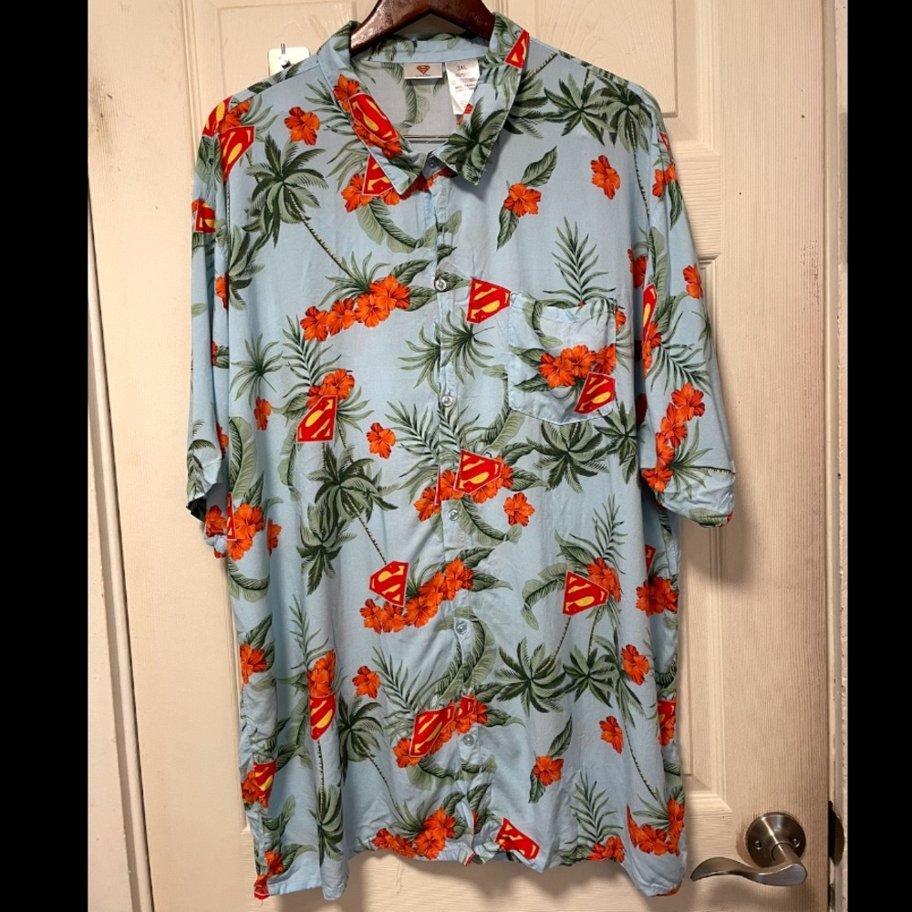 DC SUPERMAN AOP Design Men's Button Front Pocket Hawaiian Shirt 3XL COMICS EUC